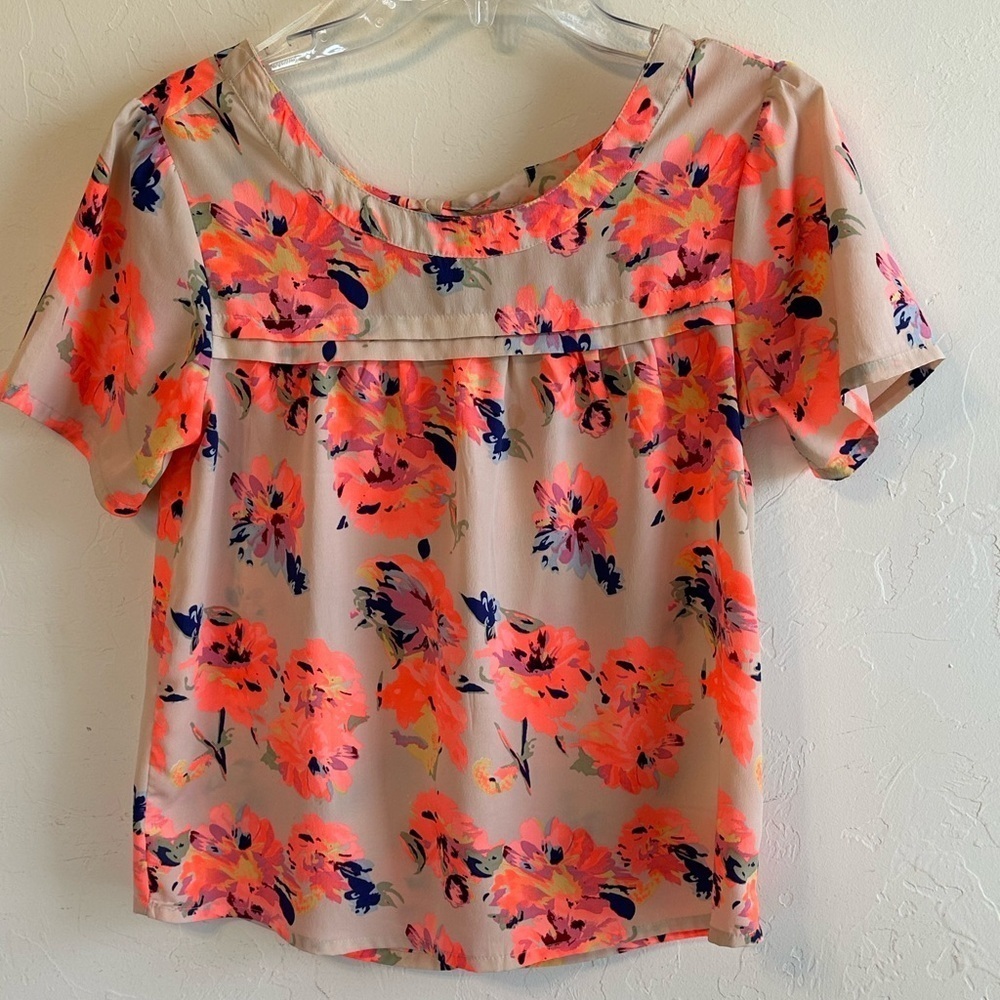 Japna Vibrant Cream/Coral Floral Print Boxy Feminine Tie Back Blouse Top Sz S
